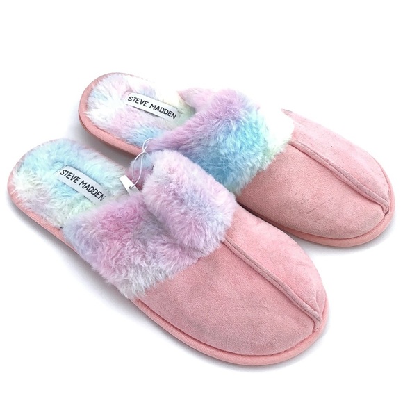 Steve Madden Pink Rainbow Faux Rainbow Fluffy Fur Slip On Slippers 10 M - Picture 1 of 9